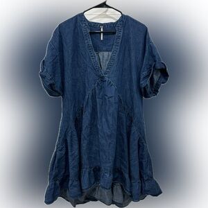 Free People Agnes Denim Dress Pleated Tiered Bottom Hem Side Pockets